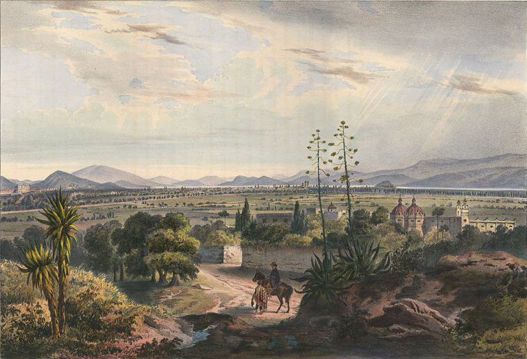 Mexico, visto desde el Arsobisbado de Tacubaya. Mexico City seen from Tacubaya. Hand-colored lithograph highlighted with gum arabic